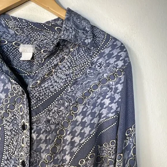 Chico's 2 chicos large Sandwashed Satin Mixed Print Button Up Long Sleeve silky - Picture 3 of 11